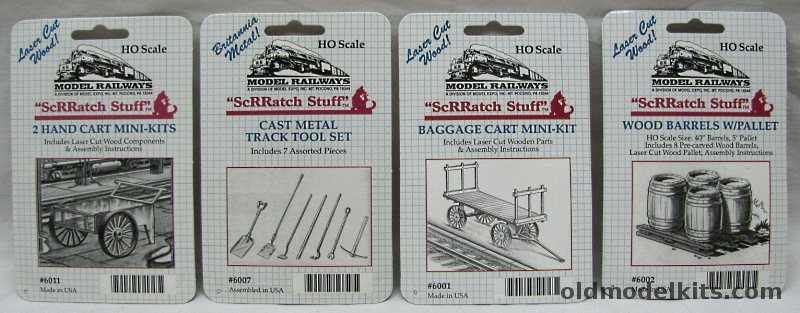 Model Railways HO Baggage Cart / Wood Barrels with Pallet / Cast Metal Track Tool Set / (2) Hand Carts plastic model kit